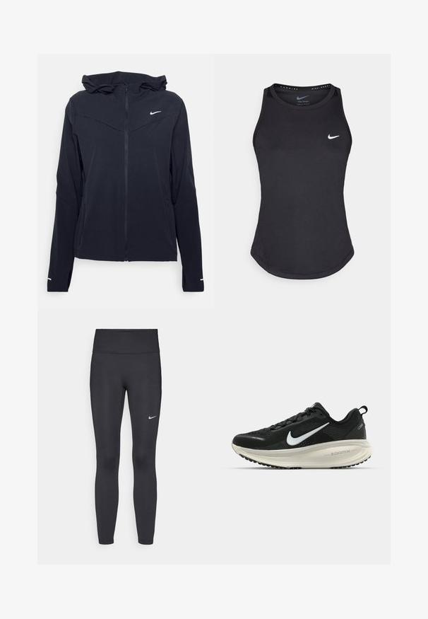Nike Performance SWIFT  - Løbejakker - black/reflective silver; Sort atletisk tanktop fremstillet af svedtransporterende materiale. Har en rund halsudskæring, tætsiddende pasform og hvidt Nike-logo på brystet.; Sorte leggings lavet af strækbart stof, med en høj talje og et hvidt Nike-logo på venstre lår. Glat tekstur, tætsiddende design.; Sort Nike løbesko med åndbart mesh-overdel, hvidt swoosh-logo, tekstureret detaljering og en cremede ZoomX mellemsål.
