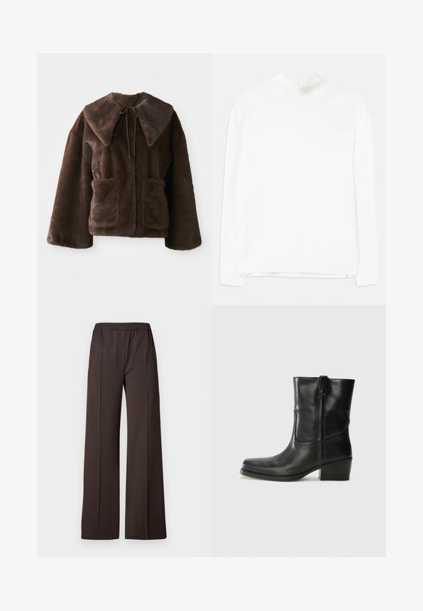 Brown faux fur jacket with wide collar, front tie closure, long sleeves, and two front patch pockets on a white background.; White long-sleeve top featuring a high neckline, ribbed texture, and a straight fit. The fabric appears soft and smooth with no visible patterns.; Wide-leg trousers in dark brown fabric with an elastic waistband, featuring a smooth texture and clean lines for a tailored look.; Black leather ankle boot with a rounded toe, block heel, side zipper, and stitching accents on the vamp. Smooth texture, classic design.