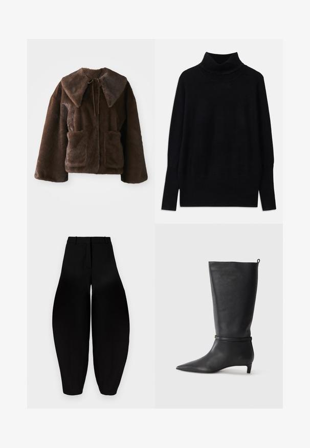 Rjav umetni krznen plašč z širokim ovratnikom, sprednjim vezanjem, dolgimi rokavi in dvema sprednjima žepoma na belem ozadju.; Črni turtleneck pulover iz mehke tkanine, z rebrastimi detajli ob ovratniku in manšetah, sproščenim krojem in stranskimi razporki.; Črne hlače širokega kroja z visokim pasom, nagubanimi sprednjimi deli in zoženimi gležnji. Narejene iz gladkega materiala z mat površino.; Črne usnjene visokokakovostne škornje do kolen s koničastim nosom, okrašene s krožno zanko okoli gležnja in nizko, oblikovano peto. Gladka tekstura.