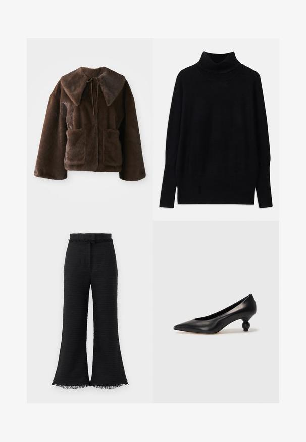 Brūns mākslīgās kažokādas mētelis ar plašu apkakli, priekšējo saišu aizdari, garām piedurknēm un divām priekšējām kabatām uz balta fona.; Melnas turtlenecka formas džemperis, izgatavots no mīksta auduma, ar ribotām akcentiem apkaklē un piedurkņu galos, ar brīvu piegriezumu un sānu spraugām.; Melni plaša piegriezuma bikses ar teksturētu audumu, saplēstu maliņu un elastīgu jostu. Dizainā ir gluda apdare un brīva piegriezuma forma.; Melnas ādas augstpapēžu kurpes ar smailu purngalu un apaļu papēdi. Gluda tekstūra ar elegantu, minimālistisku dizainu.