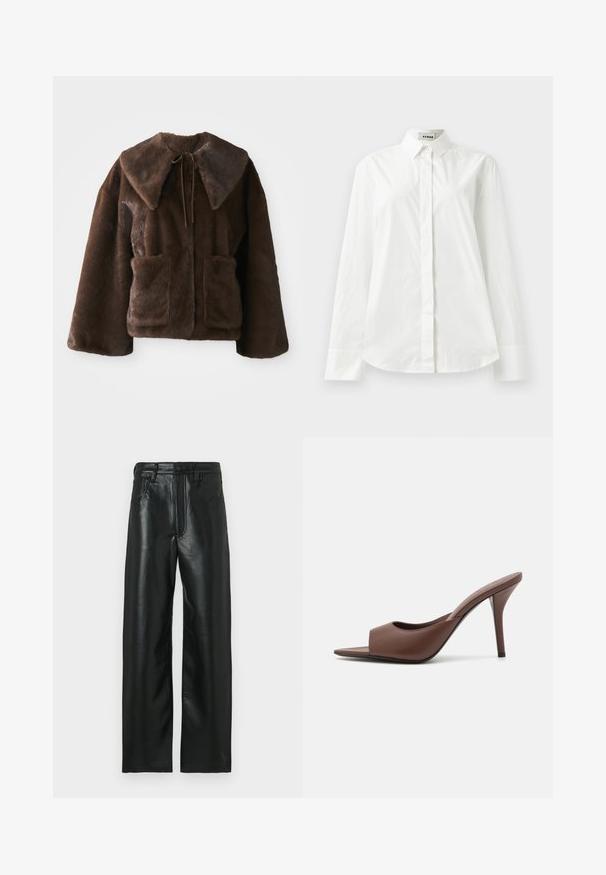 Bruine nepbont jas met brede kraag, sluiting met strik aan de voorkant, lange mouwen en twee voorste opgestikte zakken op een witte achtergrond.; Witte katoenen blouse met lange mouwen, een puntkraag, knoopsluiting aan de voorkant en een afgeronde zoom. Gladde textuur, normale pasvorm en geen patronen.; Zwarte leren broek met rechte pijpen, voorzien van een knoopsluiting, lussen voor een riem en twee voorzakken. Soepele textuur met een lichte glans.; Bruine leren open-teen hoge hak muiltjes met een slank ontwerp, voorzien van een brede voorkruistrap en een slanke stiletto hiel.