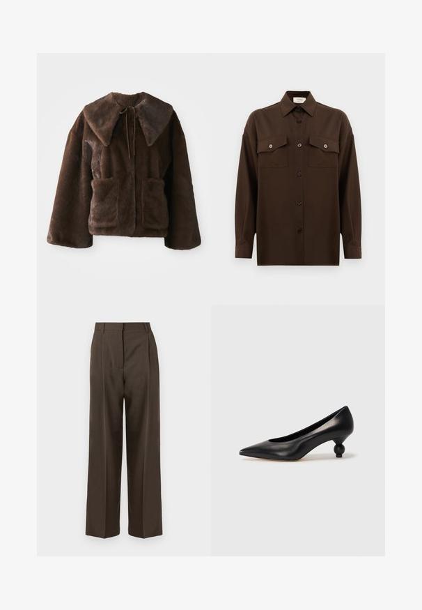 Bruine nepbont jas met brede kraag, sluiting met strik aan de voorkant, lange mouwen en twee voorste opgestikte zakken op een witte achtergrond.; Donkerbruin langarm overhemd met knopen, voorzien van twee zakken met klep op de borst en een klassieke kraag, weergegeven tegen een effen witte achtergrond.; Bruine wijde broek met een gladde textuur, voorzien van een hoge taille, plooien aan de voorkant en een tailored ontwerp. Geen zichtbare zakken of versieringen.; Zwarte leren hoge hak schoen met een spitse neus en een ronde, bolle hak. Gladde textuur met een elegant, minimalistisch ontwerp.