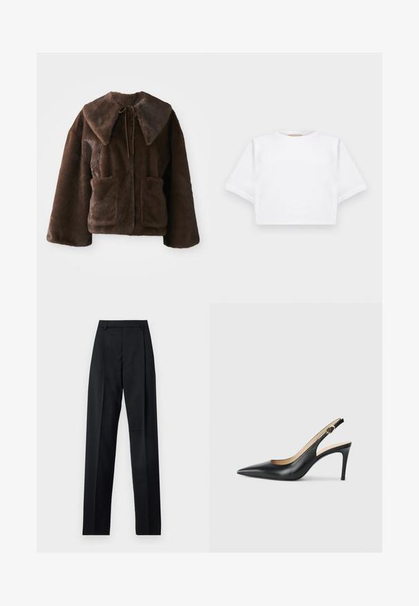 Brązowa kurtka z futra syntetycznego z szerokim kołnierzem, z przodu zapinana na wiązanie, z długimi rękawami i dwoma przednimi kieszeniami naszytymi na białym tle.; Skrojona biała koszulka z miękkiego materiału, z krótkimi rękawami, okrągłym dekoltem i żebrowanymi detalami u dołu. Prosty i nieozdobiony design.; Czarne spodnie wykonane z gładkiego materiału, z wysokim stanem, szerokimi nogawkami, fałdami z przodu i klasycznymi szlufkami na pasek. Brak widocznych kieszeni bocznych.; Czarne skórzane sandały na obcasie typu slingback z wąskim noskiem, regulowanym paskiem i smukłym obcasem szpilką, o gładkim wykończeniu.