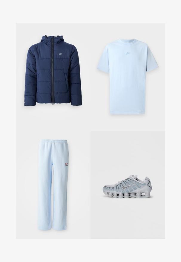 Tamsiai mėlynas pūkinis švarkas su kapuci, su priekyje esančiu užtrauktuku, horizontaliais siuvinėjimais ir mažuoju logotipu viršutinėje kairėje krūtinės dalyje.; Mėlynas medvilninis marškinėliai su trumpomis rankovėmis, apvaliu kaklu ir išsiuvinėtu Nike logotipu šiek tiek tamsesnėje mėlynoje spalvoje ant krūtinės.; Šviesiai mėlynos sportinės kelnės su elastinga juosmeniu, su mažu raudonu Nike logotipu ir tekstu "Sporto departamentas". Minkšta medvilninė medžiaga.; Šviesiai pilki Nike sportbačiai su tekstūruota viršutine dalimi, tinklelio detalėmis ir unikaliu pagalvių padu, turinčiu kelis apvalius gaubtus.