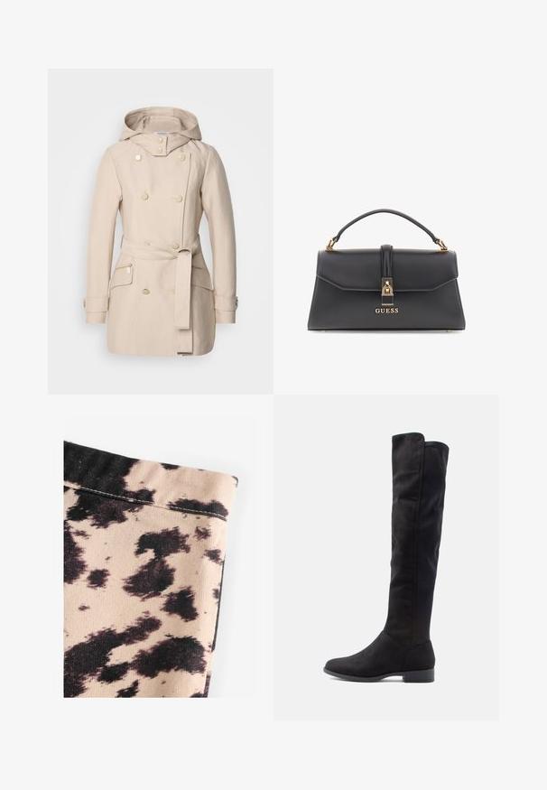 Beež trench coat kapuutsiga, topelt nööpidega disain, suured nööbid, nööridega vöö taljes ja külgmised lukuga taskud. Sile kangastekstuuri.; Mustem turtleneck-sviiter, mis on valmistatud kerge kudumiskangast. Omab pikki varrukaid, slim-fit lõiget ja pehmet soonikut.; Bež kangas musta lehma mustriga, millel on ribakujuline tekstuur ja lihtsad õmbluse detailid. Nähtavat riistvara ega aktsente pole.; Knee-high mustad vampiirid, millel on sile tekstuur, ümar varvas ja madal plokknina; minimalistlik disain ilma nähtava riistvarata.; Mustmustest kunstnahast käekott, millel on struktureeritud kuju, kuldne riistvara, ülemine sang ja eesmine lukustus, kus on "GUESS" logo.