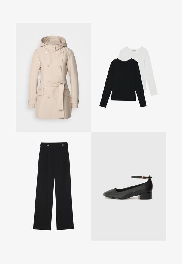 Beige trench coat with a hood, double-breasted design, large buttons, tie belt at waist, and side zippered pockets. Smooth fabric texture.; Two long-sleeve tops, one black and one white, both featuring a square neckline and made from soft, stretchy fabric.; Black wide-leg trousers with high waist, button details on waistband, and front pleats.; Black leather pump with a pointed toe and a low block heel. Features an ankle strap with a gold-tone buckle. Smooth texture.