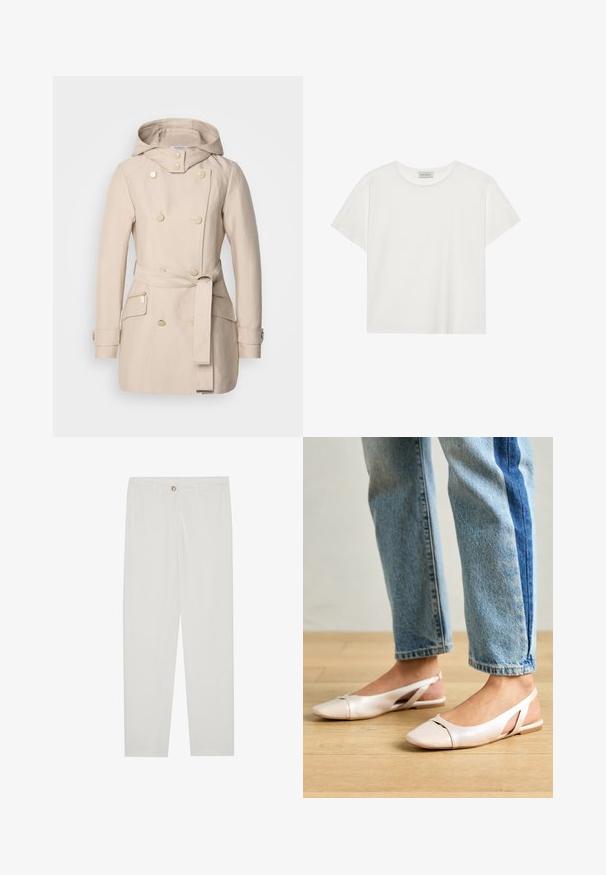 Bež plašč s kapuco, dvojnim zapenjanjem, velikimi gumbi, pasom za zavezovanje v pasu in stranskimi žepi na zadrgo. Gladka tekstura blaga.; Bela kratkotrajna majica s kratkimi rokavi, narejena iz mehke bombažne tkanine. Ima okroglo ovratnico in sproščen kroj. Čist dizajn brez vidnih vzorcev ali akcentov.; Bela, krojena hlače z ravnimi nogami, ki vključujejo gumbasto zapiranje, zanke za pas in stranske žepe; gladka tekstura tkanine.; Svijetloružičaste slingback balerinke s šiljastim nožnim prstima, napravljene od glatkog materijala nalik koži. Imaju izrezane detalje sa strane i ravne pete.
