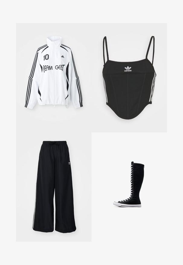 Valge jakk mustade aktsentidega, millel on kõrge krae, luku ees, Adidas'i logo, suur "10" trükk ja "TEAM GEIST" tekst. kolm rida.; Must mustriba top mustaks, reguleeritavate õhukeste kinnitustega, millel on külgedel kolm valget triipu ja keskel väike valge Adidas'i logo.; Mustad must laiad püksid, mis on valmistatud kergest kangast. Omavad elastset vöökohta tõmblukuga ja valget külgtriipu. Brändi logo puus.; Mustad mustad ketsid, millel on pikk disain, valmistatud kanvasest. Omavad valgeid paelu, õmblusi ja kummist tallat, millel on varbapatja kate.