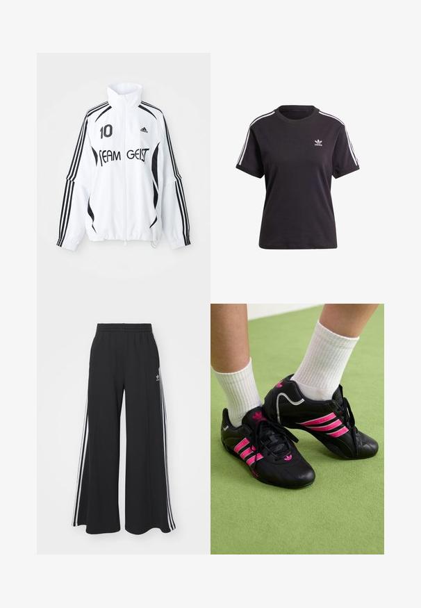 Balts žakets ar melniem akcentiem, ar augstu apkakli, ar rāvējslēdzēja fronti, Adidas logo, lielu "10" izdruku un tekstu "TEAM GEIST". Trīs rindas.; Melna kokvilnas t-krekls ar īsām piedurknēm un apaļu kakla izgriezumu, ar baltām svītrām uz pleciem un mazu baltu Adidas logo uz krūtīm.; Melnas plašas sporta bikses ar elastīgu jostasvietu, kurām ir baltas sānu svītras un izšūts logo kreisajā augšstilbā.; Melnas sporta kurpes ar trim rozā svītrām, ar teksturētu ādas virsmu, melnām auklām un logotipa detaļu, kopā ar baltām ribotām zeķēm uz zaļas virsmas.