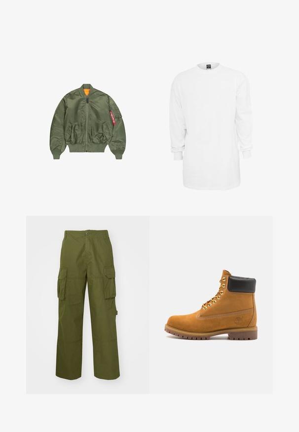 Olivově zelená bomber bunda se zipem, žebrovanými manžetami a pasem, dvěma postranními kapsami a oranžovou podšívkou; má kapsu s červeným detailem.; Dlouhý rukáv bílý bavlněný tričko s kulatým výstřihem, volný střih a žebrované manžety. Jednoduchý design, bez grafiky nebo vzorů.; Olivové cargo kalhoty z odolného materiálu, s dvěma bočními kapsami, uvolněným střihem a zapínáním na knoflík v pase.; Hnědé semišové kotníkové boty s černým polstrovaným límcem, zlatými kovovými očky, bílým prošíváním a odolnou gumovou podrážkou s výraznými drážkami.