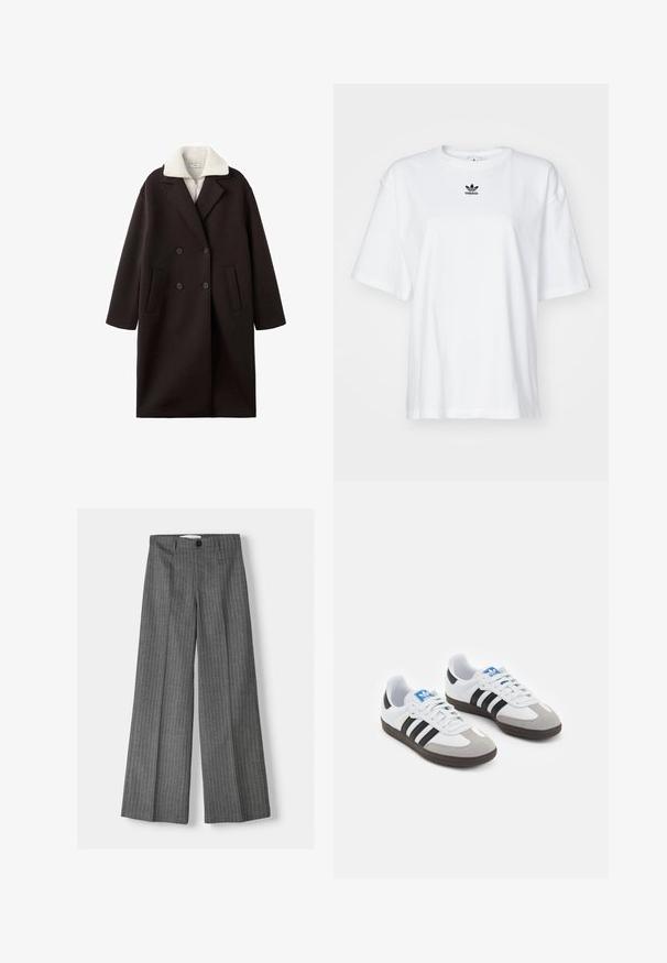 Cappotto nero doppiopetto con colletto crema, dotato di due tasche frontali, design sartoriale e texture morbida.; T-shirt bianco a maniche corte in cotone. Presenta un collo rotondo e un piccolo logo Adidas nero sul petto. Orlo dritto.; Pantaloni a gamba larga grigi con motivo a righe, dotati di chiusura con bottone e due tasche frontali. Realizzati in tessuto testurizzato.; Scarpe sportive con tomaia in pelle bianca, punta in suede grigia e tre strisce nere. Presentano un logo blu sulla linguetta e una suola in gomma testurizzata.
