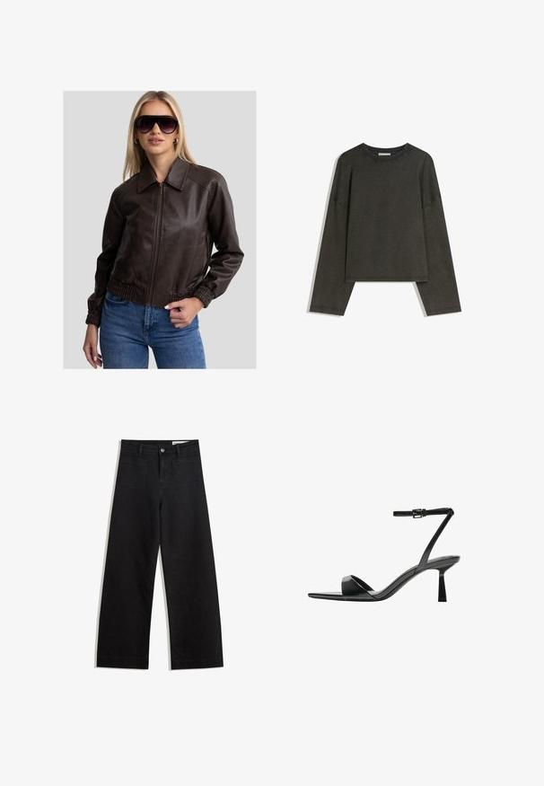Jachetă bomber din piele maro cu fermoar frontal, guler mare și manșete elastice. Asortată cu blugi albaștri și ochelari de soare supradimensionali de culoare închisă.; Tricou lung cu maneci gri închis, realizat dintr-un amestec de bumbac. Formă pătrată cu guler rotund și umeri căzuți, prezentând cusături vizibile.; Pantaloni din denim negri cu picioare largi, cu talie înaltă, având buzunare frontale și posterioare, cusături dublate și închidere cu nasture. Textură netedă.; Bershka Sandale cu toc - black