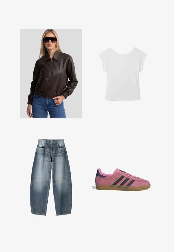 Smeđa kožna bomberska jakna sa zatvaranjem na zip, velikim ovratnikom i elastičnim manžetama. Uparena s plavim trapericama i velikim tamnim sunčanim naočalama.; Bijela majica kratkih rukava s okruglim izrezom i opuštenim krojem. Izrađena od glatkog materijala, s blagom teksturom i čistim linijama.; Široke traperice od svijetloplavog denima s izblijedjelim dijelovima, s dizajnom od pet džepova, zakopčavanjem na dugme i minimalnim detaljima šavova.; Roze nubuk tenisice s crnim prugama, gumeni potplat i teksturirani ljubičasti petni dio. Imaju vezivanje i utisnuti brend na strani.
