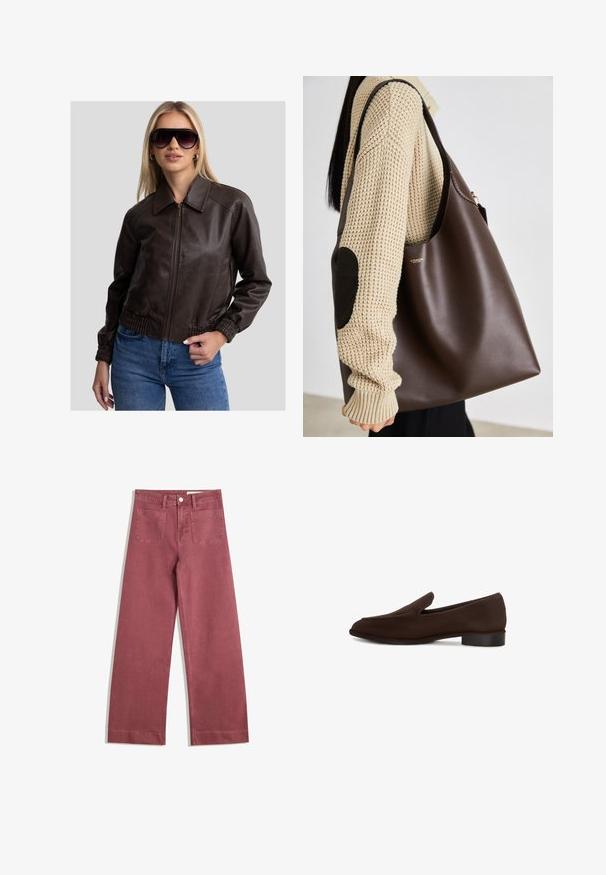 Smeđa kožna bomberska jakna sa zatvaranjem na zip, velikim ovratnikom i elastičnim manžetama. Uparena s plavim trapericama i velikim tamnim sunčanim naočalama.; Bijela pamučna majica s kratkim rukavima i okruglim izrezom. Ima ružičastu oznaku na unutarnjoj strani ovratnika. Glatka tekstura.; Hlače širokog kroja u prigušenoj ružičastoj boji. Izrađene su od čvrstog materijala, imaju dva stražnja džepa, zatvaranje na dugme i proširene petlje za remen.; Smešani smeđi cipele bez pertli s glatkom teksturom, izduženim oblikom, niskim blok petom i minimalističkim dizajnom. Nema vidljivih uzoraka ili ukrasa.; Smeđa kožna torba s dizajnom koji pruža puno prostora. Ima glatku teksturu i suptilan zlatni logo. Uparena s kremastim pletenim puloverom.
