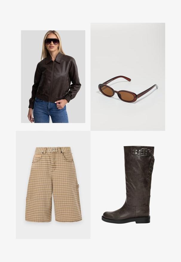 Giacca bomber in pelle marrone con zip frontale, ampio colletto e polsini elasticizzati. Abbinata a jeans blu e occhiali da sole oversize scuri.; Due magliette a girocollo, in nero e bianco, realizzate in cotone. Presentano maniche corte e un design a tinta unita, senza fantasie né accenti.; BDG Urban Outfitters CHECK NICOLA JORT - Shorts - beige; Stivale in pelle marrone fino al ginocchio con una finitura texturizzata, dotato di una fibbia e di dettagli a scatto laterali, e una suola di gomma piatta.; Occhiali da sole rotondi con tonalità marrone, montatura lucida color bordeaux. Aste sottili con un sottile dettaglio del marchio. Design delle lenti piatte.