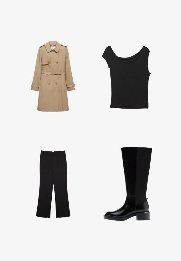 Bež trench kaput s dvostrukim kopčanjem sprijeda, remenom u struku i ramenskim epauletama. Ima duge rukave i bočne džepove.; Crna majica kratkih rukava od glatkog materijala; ima drapirani izrez i asimetrični donji rub, uz prilagođeni kroj tijela.; Crne hlače ravnog kroja, s prednjim džepovima i bočnim prorezima na rubu. Izrađene od mekog i glatkog materijala. Pogodne za razne prigode.; Crna čizma do koljena s glatkom kožnom završnom obradom, istaknutim šavovima, masivnom petom i teksturiranim stražnjim panelom za dodatni interes.