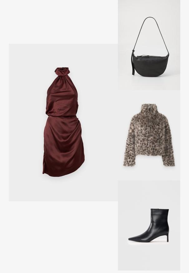 Krótkotaliowany żakiet z sztucznego futra z wysokim kołnierzem. Wzór w brązowo-beżowe cętki lamparta o miękkiej, puszystej fakturze. Posiada długie rękawy i zamek błyskawiczny.; Burgundowa satynowa sukienka na ramiączkach z zebranym dekoltem, dopasowaną górą i drapowaną spódnicą, z bocznym rozcięciem. Gładka tekstura.; Czarna skórzana botka sięgająca kostki o spiczastej czubie, eleganckim kształcie i smukłym obcasie typu kitten heel. Gładka struktura bez widocznych ozdób.; Czarna skórzana torba na ramię o zaokrąglonym kształcie, z pojedynczym paskiem, zamknięciem na zamek oraz subtelnym przeszyciem wzdłuż korpusu.