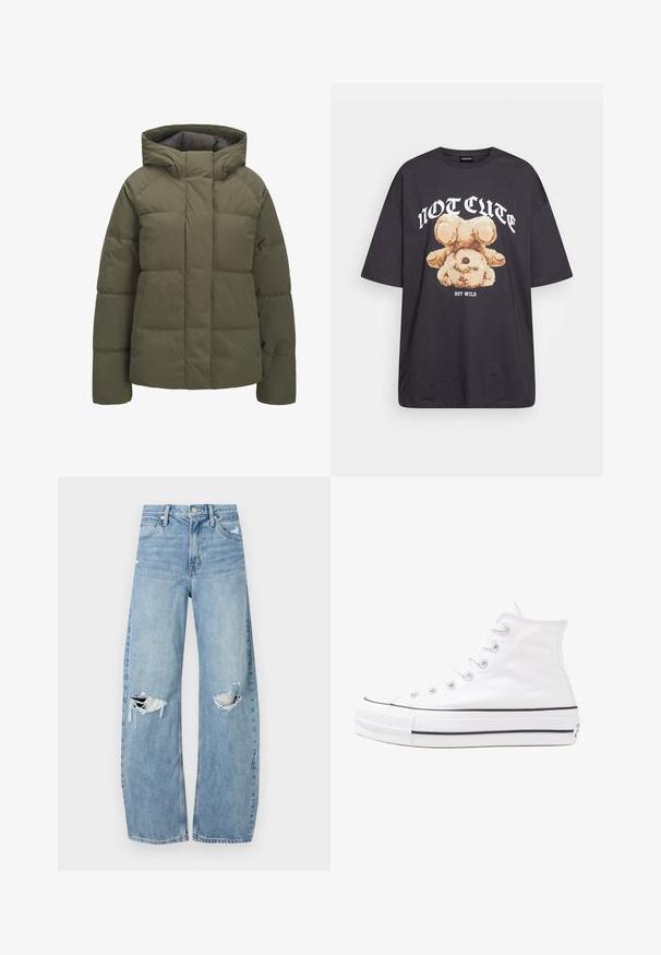 Puhastna jakna v olivno zeleni barvi, s kapuco, prešito teksturo, sprednjim zadrgo in stranskimi žepi. Trpežna, vodoodporna tkanina.; Črna oversized majica s kratkimi rokavi, na kateri je grafika medveda z besedilom „NI SRČKAN VKLJUČNO Z DIVJIM“ v poudarjenem belem tisku. Material: bombaž.; Svijetloplave traperice visoki struk. Imaju široke nogavice, dva poderana područja na koljenima i klasičan petotoksi stil.; Beli visoki platneni športni čevelj z črnim gumijastim podplatom, sprednjim gumijastim zaščitnikom za prste in šestimi luknjicami za vezalke, ki se ponaša s preprostim, minimalističnim dizajnom.