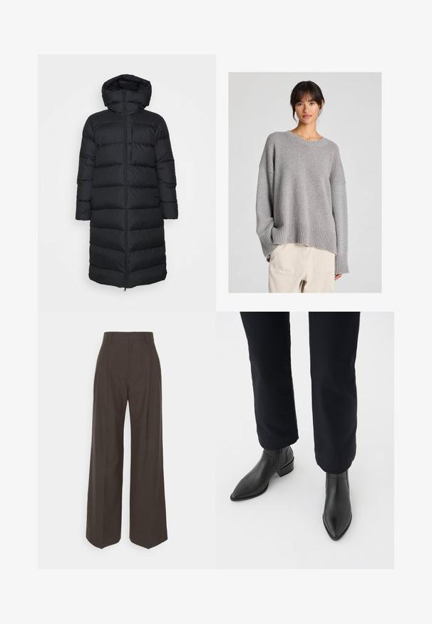 Mustapuffer-takki hupulla, jossa suora leikkaus, vaakasuora tikkauskuvio ja vetoketjusuljenta edessä. Sileä, kevyt kangas.; Harmaa neulottu villapaita, jossa on rento malli, pyöreä pääntie, ribbireunat hihoissa ja helmassa. Pehmeä rakenne ja hillitty neulekuvio. Yhdistetty vaaleisiin housuihin.; Tummanruskeat leveälahkeiset housut korkealla vyötäröllä, joissa on siistit prässäykset, sileä pinta ja muotoonommeltu istuvuus.; Musta nahkasaapas nilkkamalli, jossa on terävä kärki, blokkikorko ja karheat sivupaneelit, yhdistettynä tummiin housuihin valkoista taustaa vasten.