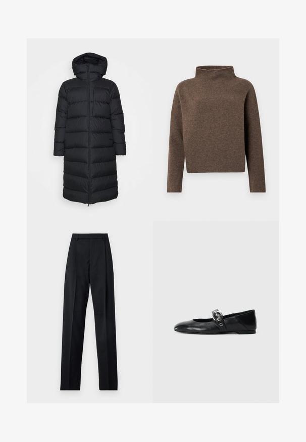 Czarna kurtka puchowa z kapturem, o prostym kroju, poziomym pikowaniem i zapięciem na zamek błyskawiczny z przodu. Gładki, lekki materiał.; Brązowy, krótki sweter z wysokim, zwijanym kołnierzem, długimi rękawami i miękkim, teksturowanym materiałem. Minimalistyczny design bez widocznych elementów metalowych.; Czarne spodnie wykonane z gładkiego materiału, z wysokim stanem, szerokimi nogawkami, fałdami z przodu i klasycznymi szlufkami na pasek. Brak widocznych kieszeni bocznych.; Czarne skórzane baletki z wąskim noskiem, z paskiem z okrągłą metalową klamrą i płaską podeszwą.