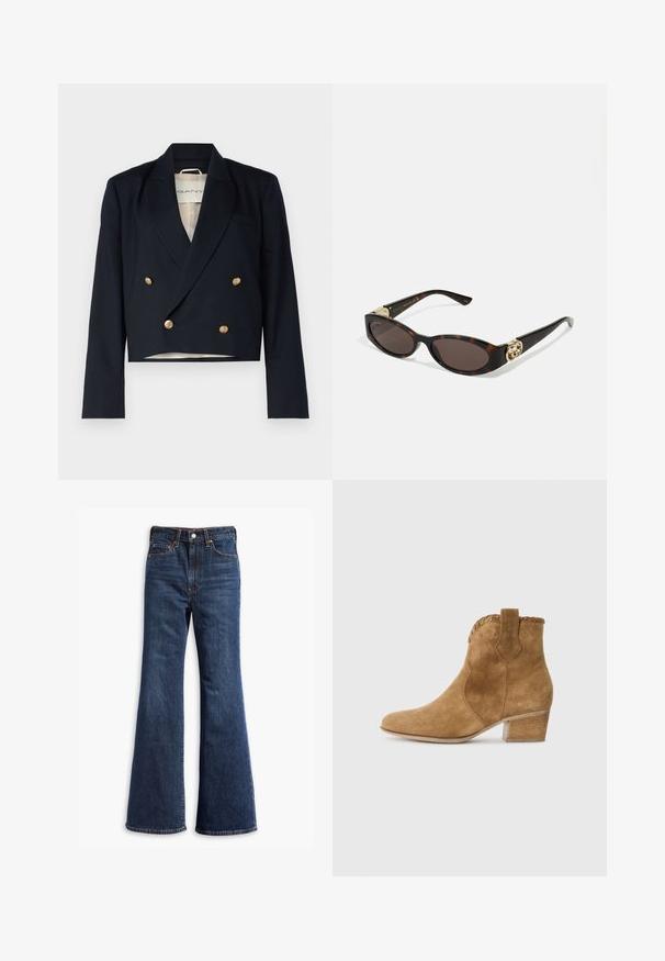 Tengerészkék, rövid fazonú blézer, dupla gombos kialakítással, arany gombokkal és selyemfényű felülettel. Jellemzője a kivágott hajtókás nyak és a belső bélés.; Hosszú ujjú, kerek nyakú póló sötétbarna színben, jersey anyagból készült. Feszes fazon, sima tapintással és minimális varrási részletekkel rendelkezik.; Magas derekú sötétkék farmernadrág, harang alakú lábakkal, elülső gombos és cipzáros zárással, valamint öt zsebes kialakítással.; Barna velúr bokacsizma hegyes orral, textúrált díszítéssel a nyakon és tömbsarkal. Húzófüllel a könnyű felhúzás érdekében.; Tortából készült napszemüveg, hosszúkás ovális lencsékkel, barna színű árnyalattal, arany logóval a fülkagylón, és karcsú fekete szárakkal.; Barna műsuede bevásárlótáska, két erős fogantyúval, strukturált formával és minimalista dizájnnal, finom varrási díszítéssel.