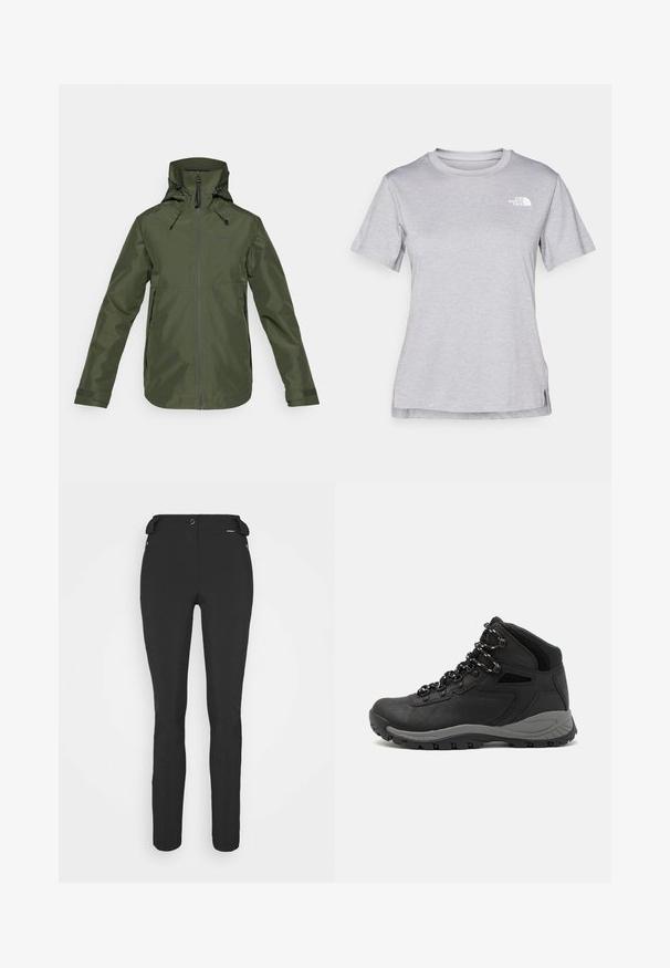 Chaqueta impermeable verde oliva con capucha ajustable, cierre frontal, bolsillos laterales con cremallera y correas de muñeca con Velcro.; Camiseta gris de manga corta hecha de una suave tela que absorbe la humedad. Presenta un cuello redondo y un pequeño logotipo blanco en la parte superior izquierda.; Pantalones negros ajustados hechos de un material flexible. Las características incluyen un bolsillo lateral con cremallera, rodillas articuladas y una textura suave.; Bota de senderismo negra con un diseño de medio caña, que cuenta con una parte superior texturizada, acentos grises y una suela de goma duradera con tacos de tracción.
