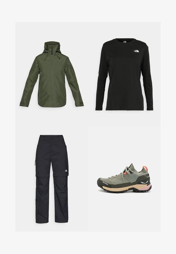 Veste imperméable vert olive avec capuche réglable, fermeture éclair à l'avant, poches latérales zippées et sangles Velcro aux poignets.; T-shirt noir à manches longues en coton avec un col rond. Présente un petit logo blanc sur la partie gauche de la poitrine. Design et coupe simples.; Pantalons cargo en nylon noir, à zip amovible, avec chevilles ajustables, plusieurs poches et un logo sur la jambe droite. Texture lisse et légère.; Chaussure de randonnée légère verte avec des matériaux en mesh et en caoutchouc, semelle extérieure noire antidérapante, accents roses et oranges, et capuchon renforcé.