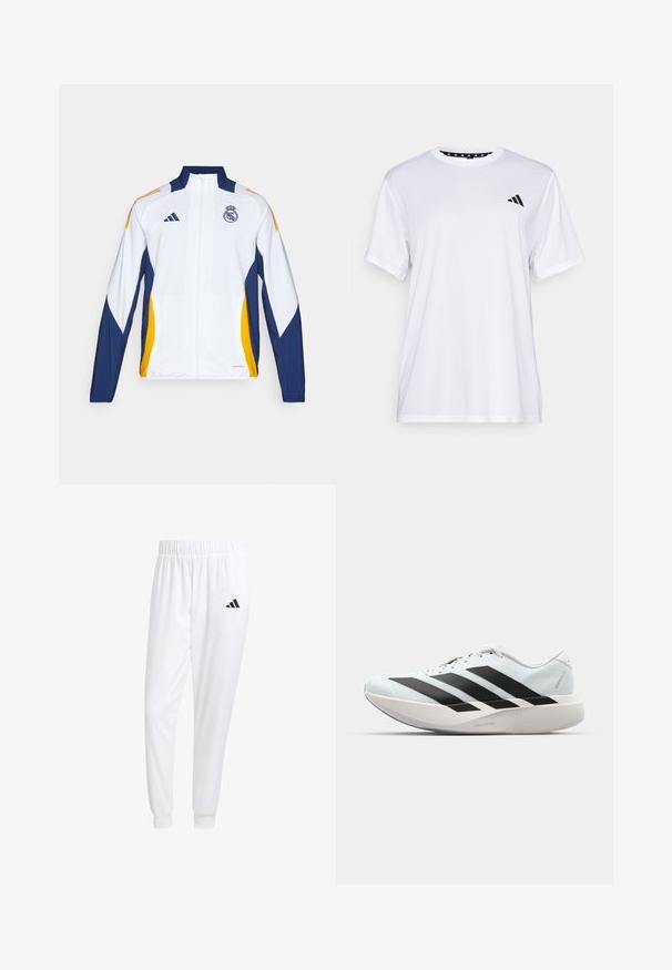 adidas Performance REAL MADRID 24/25 PRESENTATION - Klub merchandise - white/crew orange/navy blue; Hvid sports t-shirt med korte ærmer, lavet af fugttransporterende stof. Har et sort logo på venstre bryst og en mønstret indvendig halsudskæring.; Hvide sportsbukser lavet af glat stof, med elastisk talje og tætsiddende manchetter, og med et sort logo på baglommen.; Letvægtige løbesko i lys blå med sorte striber. Har en glat overdel, rund tå og tyk hvid mellemsål mærket "LIGHTSTRIKE PRO."