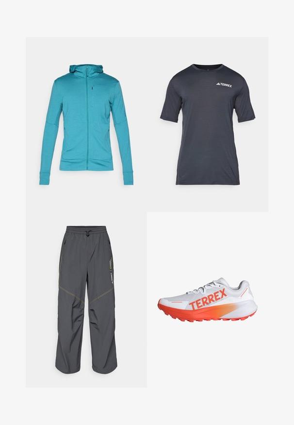 Tirkīza zila kapucīna krekls ar garām piedurknēm, thumb caurumiem un pielāgotām aprocēm, attēlots uz vienkārša gaiša fona.; Tumši pelēks īsām piedurknēm t-krekls, kas izgatavots no viegla, elpojoša materiāla. Iezīmēts ar apaļu kakla izgriezumu un baltu "TERREX" logo priekšā.; Pelēki āra bikses ar elastīgu jostu un regulējamu auklu. Iezīmētas ar dzeltenām šuvēm un vairākām rāvējslēdzēju kabatām. Vieglas auduma.; Balts sporta apavu modelis ar izteiktu oranžu "TERREX" logotipu. Tam ir teksturēts augšdaļa, viegls dizains un gumijas zole ar saķeres radzēm.