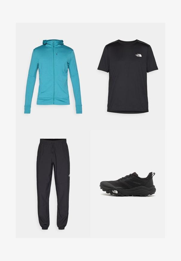 Fleece azul-petróleo com fecho éclair, mangas longas, buracos para os polegares e punhos ajustados, exibida contra um fundo claro e liso.; T-shirt preto de manga curta feito de um tecido leve. Apresenta um pequeno logo branco ao lado esquerdo do peito e detalhes subtis nos ombros.; Calças atléticas pretas feitas de tecido leve, com um cós ajustável por cordão, bolsos laterais e punhos afunilados nos tornozelos.; Sapatilha de trail running preta com um upper texturizado, sola de borracha e biqueira reforçada. Possui um colarinho acolchoado e uma alça para facilitar o calçar.