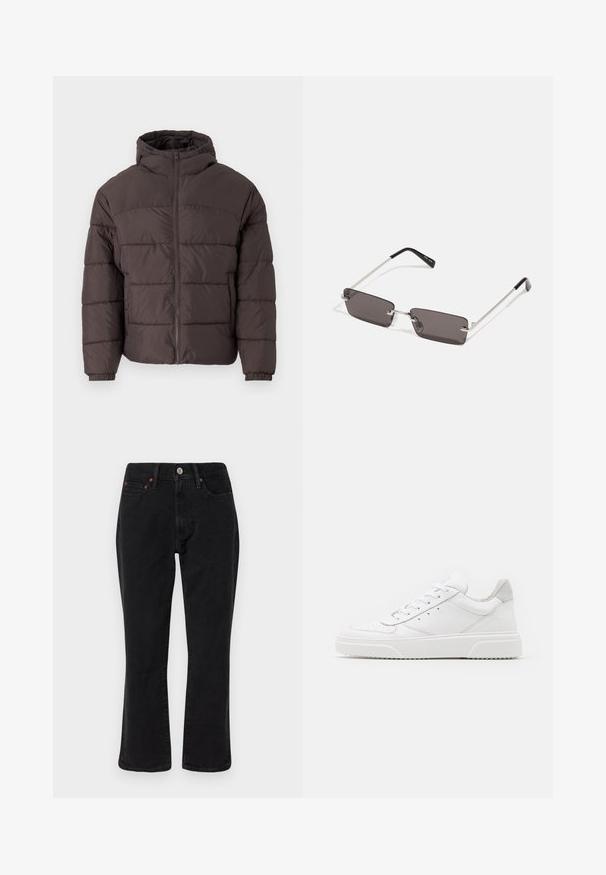 Ruskea puhvitakki hupulla, jossa on vetoketjusuljenta, elastiset hihansuut ja vaakasuora tikkaus eristyksen parhaaksi. Teksturoitu kankaan pinta.; Valkoinen puuvillapaita, jossa on lyhyet hihat, pyöreä kaula-aukko ja etupuolella punainen grafiikkateksti "HERKULLINEN RAJAAKASI HEDELMÄ".; Musta farkkushortit, joissa on suora lahkeiden muotoilu, viisi taskua ja metalliset yksityiskohdat kupariakkenteilla. Tasainen pinta ja keskipitkä vyötärö.; Valkoiset nahkakengät, joissa on sileä pinta, pyöreä kärki, litteät nauhat ja teksturoitu pohja. Harmaa mokkanahka korostaa kantapäätä.; Aurinkolasit, joissa on suorakulmaiset, tummanharmaat linssit, hopeiset metallikehykset ja mustat muoviset päät. Kevyt muotoilu nenätyynyillä.