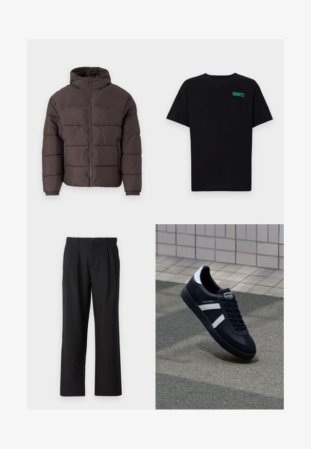 Brązowa kurtka puchowa z kapturem, z zamkiem z przodu, elastycznymi mankietami i poziomym pikowaniem dla izolacji. Tekurowa struktura materiału.; Czarna koszulka z bawełny z krótkim rękawem. Posiada zielone logo "ROOTS" z przodu, okrągły dekolt i standardowy krój.; Jack & Jones JPSTBILL JJDAYTONA czarny; Czarne skórzane sneakersy z białymi paskami, teksturowana gumowa podeszwa i sznurowane z przodu. Posiadają metkę marki na języku.