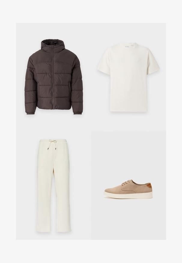 PRUUNI PUFFERMANTEL KAPUUTSIGA, MIS OMAB KETTASULGUST, ELASTSEID KÄISED JA HORISONTAAALSEID QUILTIGI ÜKSIKSUJA MATERJALI KATTEGA.; Valge lühikeste varrukatega T-särk ribakudumises. Ümar kaelus, mugav lõige, nähtavad mustrid ega aksessuaarid puuduvad. Lihtne ja mitmekesine disain.; Kreemit värvi ribaroogadega dressipüksid, millel on nööriga vöökoht, kaks külgetaskut ja sirge jalgade disain.; Beežid nahast tossud ümarate varvastega, paeltega esiosa ja tekstuuriga tagakontuuriga. Valge kummist tallapakkumine loob kontrasti. Lihtne ja kaasaegne disain.