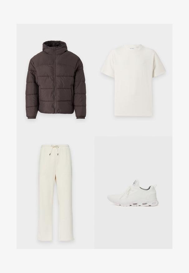 Chaqueta acolchada marrón con capucha, que presenta un cierre delantero con cremallera, puños elásticos y acolchado horizontal para mayor aislamiento. Acabado de tela texturizada.; Camiseta blanca de manga corta en textura acanalada. Cuello redondo, corte relajado, sin patrones ni acentos visibles. Diseño simple y versátil.; Pantalones de chándal de color crema con textura de canalé, con cintura ajustable mediante cordón, que cuentan con dos bolsillos laterales y un diseño de pierna recta.; Zapatillas deportivas blancas con un upper de punto texturizado, cordones planos y una suela acolchada con cámaras de aire visibles para mayor soporte.