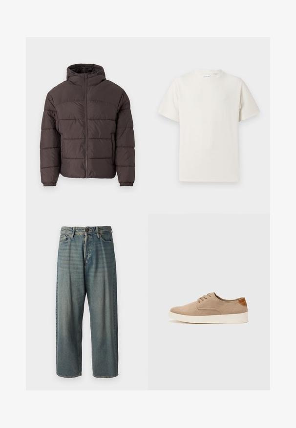 Casaco puffer castanho com capuz, apresentando fecho zipper à frente, punhos elásticos e costura horizontal para isolamento. Acabamento de tecido texturizado.; T-shirt branco de manga curta em textura canelada. Gola redonda, ajuste descontraído, sem padrões ou detalhes visíveis. Design simples e versátil.; Jeans de ganga azul claro com um corte solto, cintura média e pernas retas. Apresenta cinco bolsos, passadores de cinto e fecho com botão.; Sapatilhas de camurça bege com bico arredondado, fecho de atacadores na parte da frente e um detalhe texturizado na parte de trás. A sola de borracha branca proporciona contraste. Design simples e moderno.