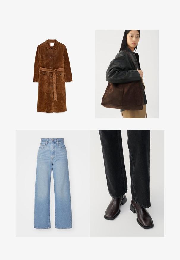 Bruine suedelange jas met een kraag, knopen aan de voorkant, twee zakken en een bijpassende tailleband. Zachte textuur met een gladde afwerking.; Lichtblauwe denim overhemden met lange mouwen, puntige kraag, twee borstzakken en contrasterende stiksels. Heeft een westers stijl yoke ontwerp.; Lichtblauwe high-waist wijde jeans met een knoop- en ritssluiting aan de voorkant, voor- en achterzakken, op een witte achtergrond.; Bruine leren enkellaarsjes met een vierkante neus en blokhak, gecombineerd met zwarte wijde jeans. Glad textuur en minimalistisch ontwerp.; Bruine suède tote bag met een brede vorm en zachte textuur, voorzien van een enkele schouderband en minimale hardware tegen een neutrale achtergrond.