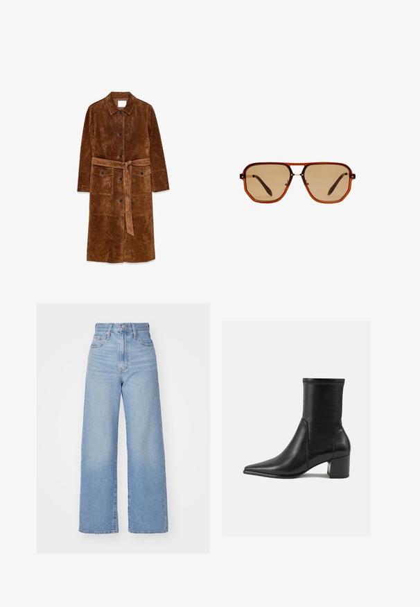 Cappotto lungo in suede marrone con colletto, bottoni frontali, due tasche e cintura coordinata. Texture morbida con una finitura liscia.; Tessuto beige chiaro con una manica piegata, che evidenzia una texture liscia e un aspetto morbido, mettendo in risalto la sua semplicità ed eleganza.; Jeans a vita alta blu chiaro con gamba larga, chiusura frontale con bottone e zip, tasche anteriori e posteriori, su uno sfondo bianco.; Stivale alla caviglia nero in pelle liscia, con punta appuntita, tacco a blocco e cuciture raccolte distintive lungo il bordo superiore.; Occhiali da sole ottagonali marroni con montatura trasparente color ambra e lenti sfumate marroni. Caratterizzati da un accento metallico sul ponte e stecche sottili.; Orecchini a cerchio dorati con forma rettangolare, texture liscia e bordi arrotondati. Presentano una chiusura sicura per una maggiore stabilità.