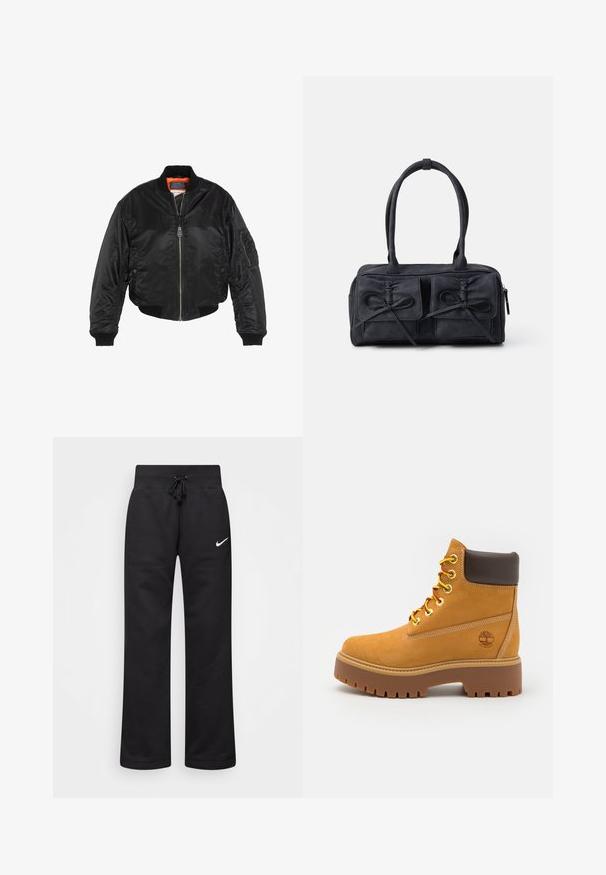 Sort bomberjakke lavet af skinnende nylon, med ribbede cuffs og nederkant, orange foring og flere lommer, herunder en lomme på armen med lynlås.; Sort hættebluse lavet af blødt stof, med hvidt trykt tekst og mønstre, samt accentdetaljer på ærmerne.; Sorte sweatpants lavet af en bomuldsblanding, med en snøre i taljen, lige ben og et hvidt Nike-logo på venstre side.; Tan vandtæt ankelstøvle med en robust gummisål, rund tå, brun læderkrave, gule snørebånd og et logo på siden.; Sorte stof håndtaske med to frontlommer med sløjfedetaljer, dobbelte håndtag og lynlåslukning. Blød tekstur og rektangulær form.