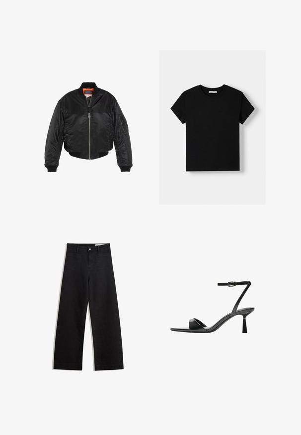 Zwarte bomberjack van glanzend nylon, voorzien van ribgebreide manchetten en zoom, oranje voering en meerdere zakken, waaronder een met rits afgesloten zak op de arm.; Zwarte katoenen t-shirt met korte mouwen, ronde halslijn en een ontspannen pasvorm. Eenvoudig ontwerp zonder patronen of versieringen.; Zwarte denim broek met wijde pijpen en een hoge taille, voorzien van voor- en achterzakken, gestikte naden en een knoopsluiting. Gladde textuur.; Bershka Sandalen met hoge hak - black