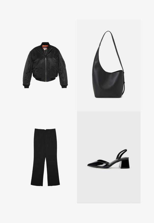 Black bomber jacket made of shiny nylon, features ribbed cuffs and hem, orange lining, and multiple pockets, including a zippered arm pocket.; Set of two long-sleeve tops in white and black. Ribbed texture, round neck, fitted design with slightly flared sleeves.; Black trousers with a straight fit, featuring front pockets and side slits at the hem. Made of soft, smooth fabric. Suitable for various occasions.; Black patent leather slingback heels with a pointed toe and a geometric block heel. Features a sleek, minimal design and smooth texture.; Black leather hobo bag with a smooth texture, curved shape, and single adjustable strap; features a wide opening at the top.