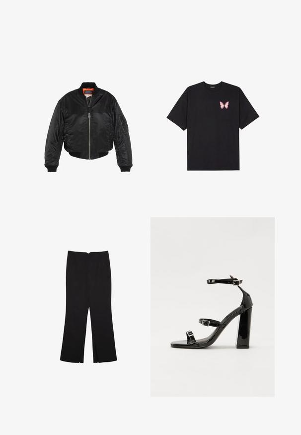 Zwarte bomberjack van glanzend nylon, voorzien van ribgebreide manchetten en zoom, oranje voering en meerdere zakken, waaronder een met rits afgesloten zak op de arm.; Zwarte katoenen t-shirt met korte mouwen, voorzien van een kleine roze vlinder graphic op de linkerkant van de borst. Crew neck ontwerp met een relaxte fit.; Zwarte broek met een rechte pasvorm, voorzien van zijzakken en plooien aan de onderzijde. Gemaakt van zachte, gladde stof. Geschikt voor verschillende gelegenheden.; Zwarte patent lederen sandalen met hoge hakken, twee gespenbanden, een vierkante neus en een stevige blokhak, met een gladde, glanzende textuur.