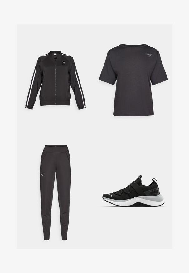 Black track jacket made of smooth fabric with white side stripes, a stand-up collar, and a front zipper, featuring an embroidered logo on the chest.; Black short-sleeve t-shirt made of soft fabric, featuring a rounded neckline and a small logo detail on the upper left side.; Black athletic leggings made of stretchy fabric, featuring a high waistband, side pockets, and a small reflective logo on the left thigh.; Black athletic shoe with a textured upper, elastic straps, and a thick white midsole. Features a grey accent along the sole.