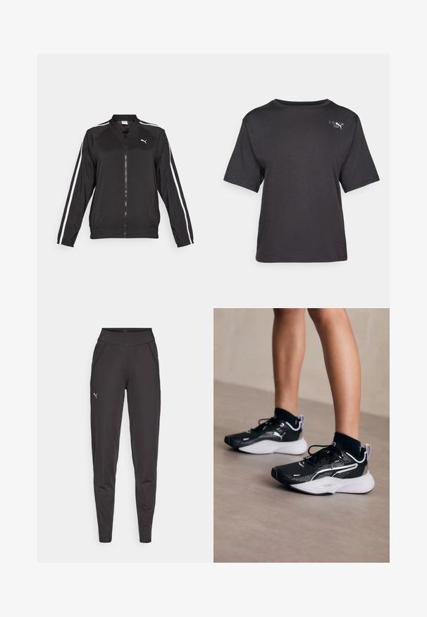 Czarna kurtka sportowa wykonana z gładkiego materiału, z białymi pasekami po bokach, stójką oraz zamkiem z przodu, z haftowanym logo na piersi.; Czarna koszulka z krótkim rękawem, wykonana z miękkiego materiału, z okrągłym dekoltem i małym logo na górnej lewej stronie.; Czarne legginsy sportowe wykonane z elastycznego materiału, z wysokim stanem, bocznymi kieszeniami oraz małym odblaskowym logo na lewym udzie.; Czarne buty sportowe z białymi akcentami, siateczkowa cholewka, sznurówki i amortyzowana pięta. Posiadają teksturowaną podeszwę zapewniającą przyczepność.