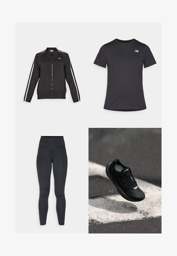 Musta urheilutakki, joka on valmistettu sileästä kankaasta. Takissa on valkoiset sivuraidat, pystykaulus ja etuvetoketju, sekä brodeerattu logo rinnassa.; Musta lyhyt hiha t-paita, joka on valmistettu pehmeästä kankaasta. Paidassa on pieni harmaa New Balance -logo vasemmassa ylärinnassa ja klassinen pyöreä kaula-aukko.; Mustat korkeavyötäröiset legginsit, jotka on valmistettu joustavasta materiaalista. Ne ovat sileät ja tiukasti istuvat, ja niissä on vain minimaalinen ompelu.; Musta juoksukenkä, jossa on teksturoitu yläosa, tyylikäs muotoilu ja heijastavat yksityiskohdat. Varustettu pehmeällä, vaimennettulla pohjalla mukavuutta varten.