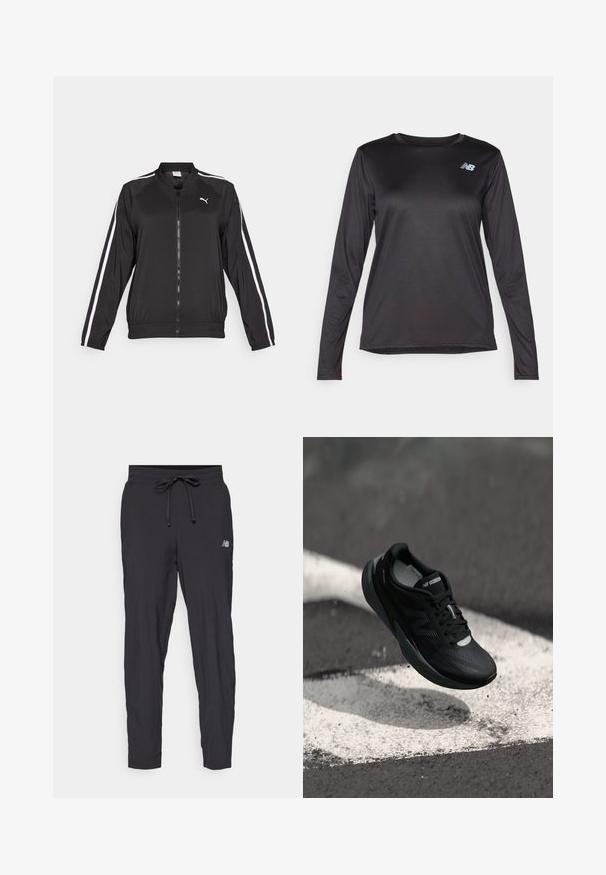Svart träningsjacka i slät tyg med vita sidostråk, ståkrage och frontdragkedja, med en broderad logotyp på bröstet.; Långärmad svart träningsshirt i ett smidigt, lätt material med en subtil struktur och en liten logotyp på bröstet.; Svarta träningsbyxor i lätt material med elastisk midja och justerbart snöre. Har en liten logotyp på sidan.; Svart löparsko med en texturerad ovandel, slankt design och reflekterande detaljer. Har en mjuk, dämpad sula för komfort.