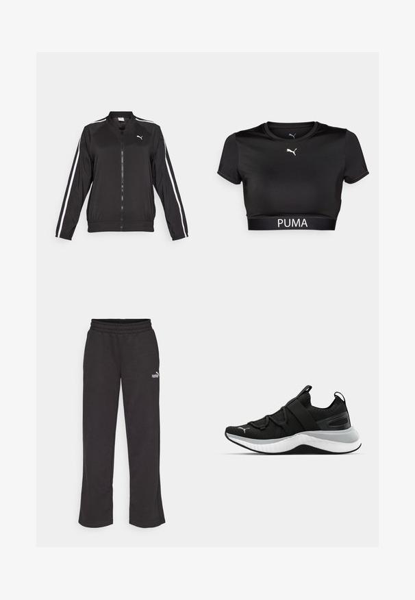 Must muströöpidega must sportjakk, mis on valmistatud siledast kangast, millel on kõrge kaelus ja eesne lukuga, ning mille rinnal on brodeeritud logo.; Must värviline lühem T-särk, mis on valmistatud siledast kangast, ümmarguse kaelusega, lühikeste varrukatega ja PUMA valge logoga triibu peal.; Mustad mustad pükste lõige, elastne vöökoht ja väike valge Puma logo vasakul reitel. Valmistatud pehmest ja vastupidavast kangast.; Must have tekstuuriga ülemise osaga mustad spordijalatsid, elastsete rihmade ja paksu valge vaheosaga. Omab halli aktsenti talla ääres.