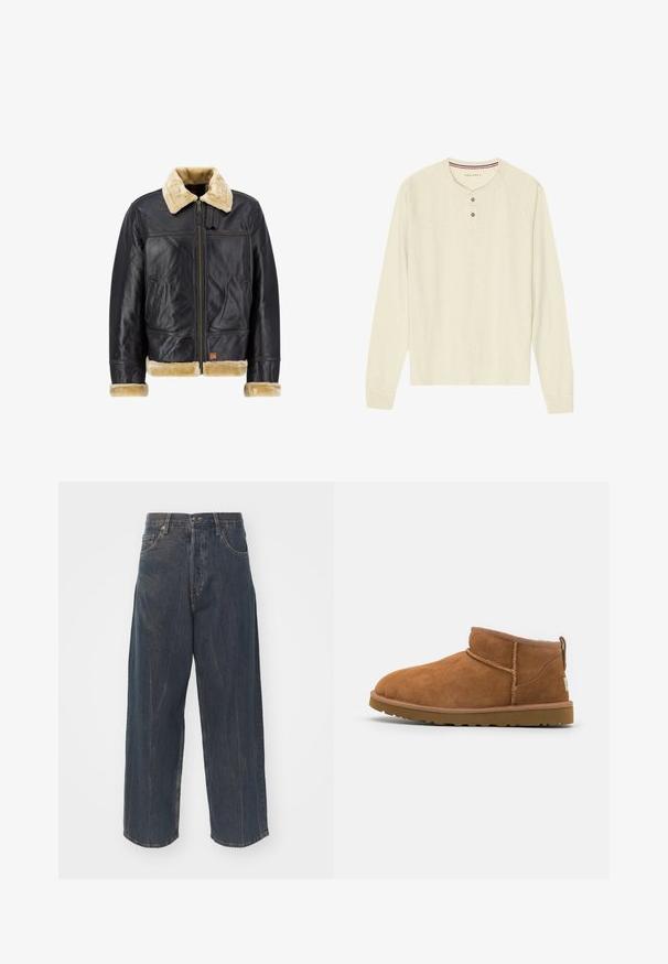 Černá kožená bunda s krémovým umělým kožešinovým límcem a manžetami. Disponuje předním zipem a bočními kapsami, což ukazuje na klasický design.; Triko henley s dlouhým rukávem v krémové barvě, vyrobené z měkké látky, s žebrovaným kulatým výstřihem, dvouknoflíkovým průkrčníkem a raglánovými rukávy.; Široké tmavě modré džínové kalhoty s jemně obnošenou texturou, pěti kapsami a klasickým zapínáním na knoflík a zip v pase.; Světlé semišové kotníkové boty s kulatou špičkou, jemnými švy a texturovanou gumovou podrážkou. Krátká výška bez šněrování.