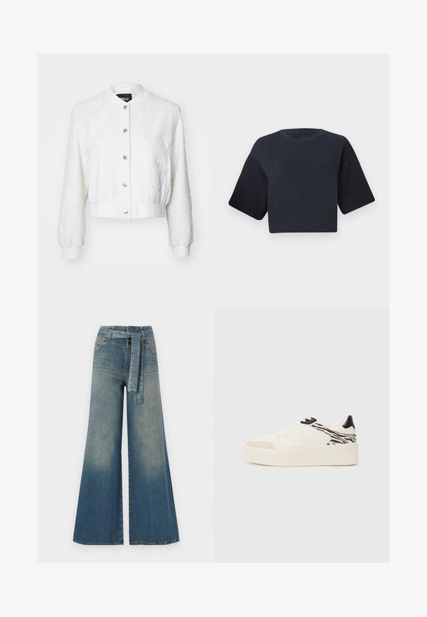 Witte cropped bomberjack van textiel met lange mouwen, geribde manchetten en een knoopsluiting aan de voorkant met zilveren hardware.; Donker marineblauw cropped gebreid sweater met ribbeltextuur, korte brede mouwen en een ronde halslijn. Eenvoudig ontwerp, zonder zichtbare patronen of accenten.; Wijduitlopende denim broek met een lichte naar donkere blauwe gradient, hoge taille, riemlussen en een bijpassende stoffen riem. Gestructureerde denimafwerking.; Even&Odd Sneakers laag - white/black