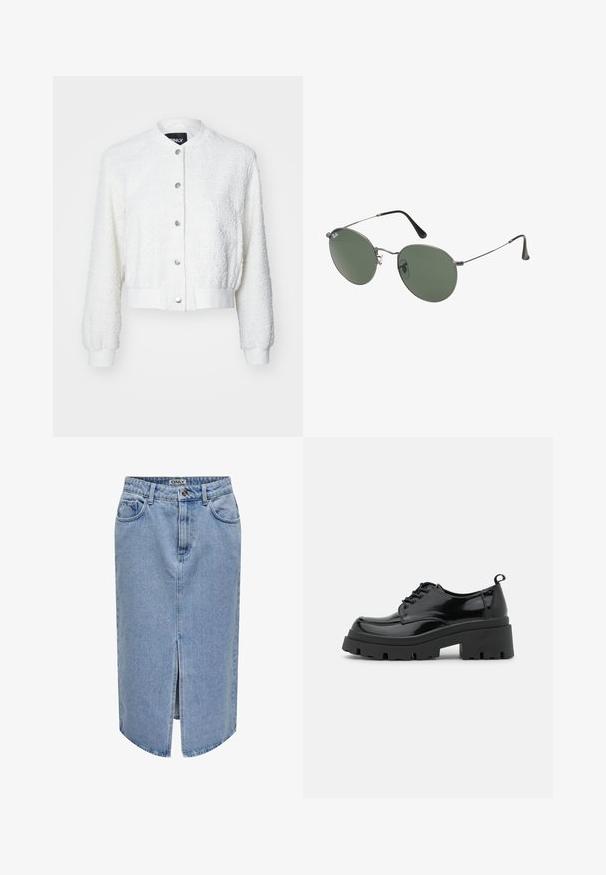 Bela skrajšana bomber jakna iz teksturirane tkanine, z dolgimi rokavi, rebrastimi manšetami in gumbom spredaj, ki vključuje srebrno kovinsko opremo.; Dve brezrokavne majice v črni in beli barvi, izdelane iz rebrastega bombaža, z okroglimi izrezi in prilegajočim oblikovanjem. Oznake so vidne na obeh.; Svetlo modra denim krila z ravnim krojem, sprednjim razporkom, zasnovo s petimi žepi ter zadrgo in gumbom za zapiranje.; Črne lakaste usnjene čevlje z debelim platformnim podplatom in debelimi vezalkami. Okrogla špička, minimalno okrasje in majhen jeziček na hrbtu.; Sončna očala z ovalnimi zelenimi lečami v kovinskem okvirju. Tanjši srebrni kovinski okvir in črne ušesne konice. Minimalistična zasnova, brez vidnih logotipov.