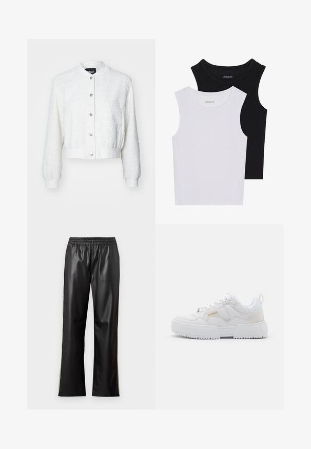 Vit kort bomberjacka i strukturerad tyg, långa ärmar, ribbade manschetter och knappstängning framtill med silverdetaljer.; Två ärmlösa toppar i svart och vitt, tillverkade av ribbat bomull, med rund halsringning och en figurpassande design. Etiketter synliga på båda.; Svarta byxor i konstläder med elastisk midja, rak bendesign och kontrasterande sidostråk. Slät textur och minimalistisk stil.; Vita sneakers med en kraftig design, i läder och syntetiska material, med texturerade detaljer, snörning och en framträdande logotyp i guld.
